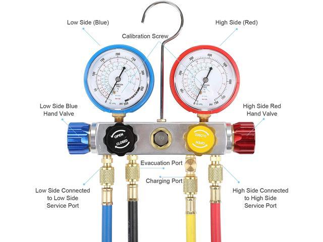 A/C Manifold Gauge And Hose Set With 3PC Connector Color Coded Gauges Valves And 