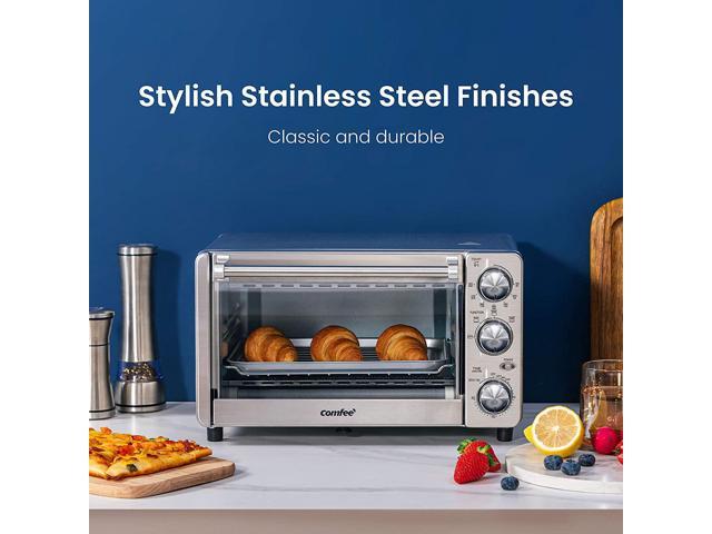 4 Slice Small Toaster Oven Countertop, 12L with 30-Minute Timer, 3-In-One,  Bake, Broil, Toast, 1100 Watts, Dual heating element, Stainless Steel 