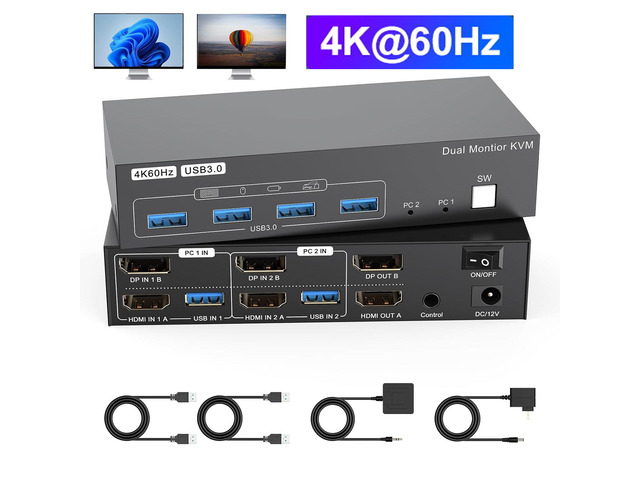 AUTYUE Dual Monitor KVM Switch 2 Monitors 2 Computers, 4K@60Hz 2 Ports ...