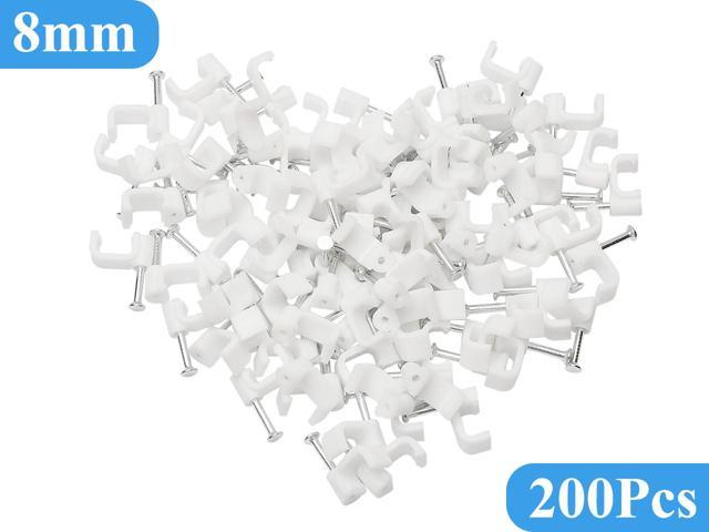 Ethernet Cable Clips White 8mm 200pcs, Single Coaxial Cable Clamps with Nail for CAT5, CAT6, CAT7 Flat Wire