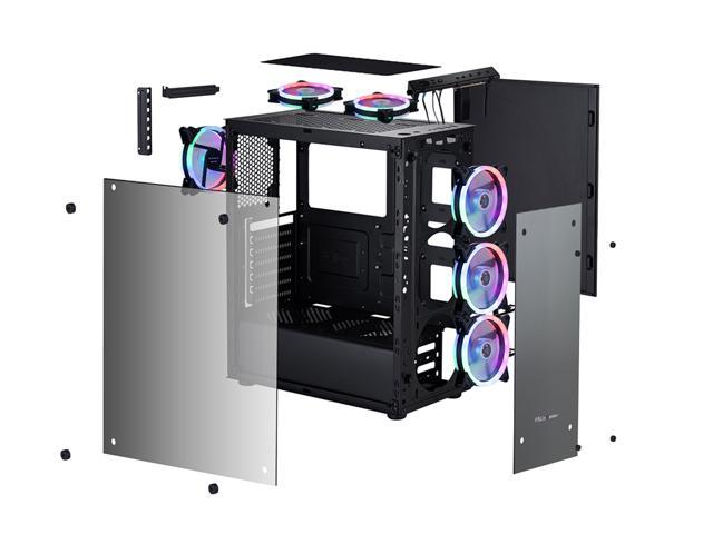 ATX Mid-Tower PC Case, with 6 pcs 12cm Fans Tempered Glass Panels 