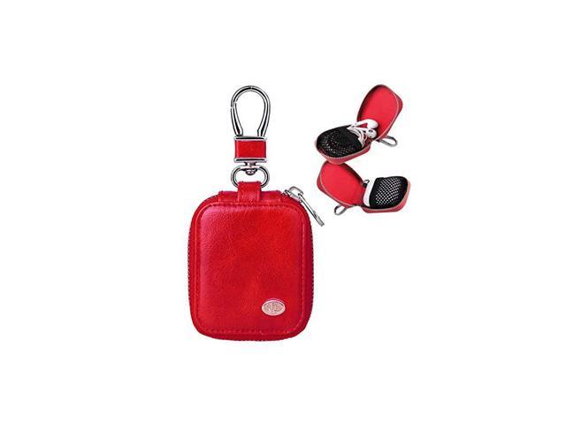 Earbud Carrying Case Small Compatible with AirPods PU Leather Hard Portable Earphone Case Protective Storage Pouch Bag with Mesh Pocket Keychain for Wireless Headphone USB Cable Red