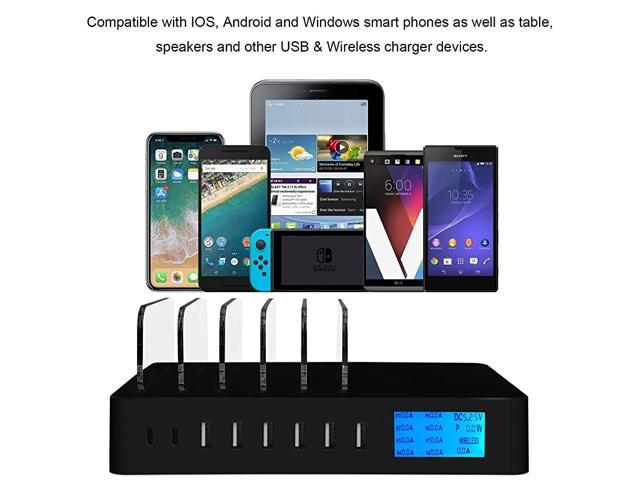 and 10W Qi Wireless Charging Pad for IPhone,Ipad,Samsung ideallife Wireless Charging Station for Multiple Devices 9-in-1 LCD Display Fast Charging Dock Organizer with 8 USB Ports Free 8 Cables White