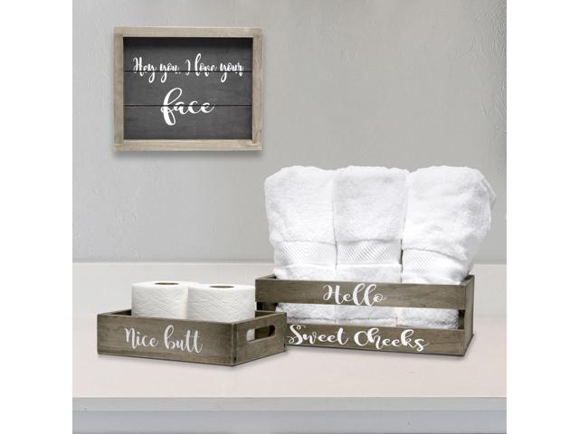 Elegant Designs Three Piece Decorative Wood Bathroom Set, Small, Cheeky  (1 Towel Holder, 1 Frame, 1 Toilet Paper Holder)