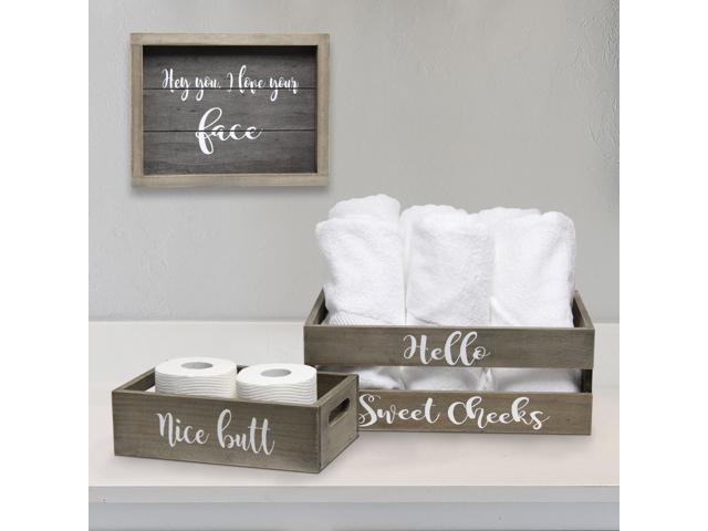 Elegant Designs Three Piece Decorative Wood Bathroom Set, Large, Cheeky  (1 Towel Holder, 1 Frame, 1 Toilet Paper Holder)