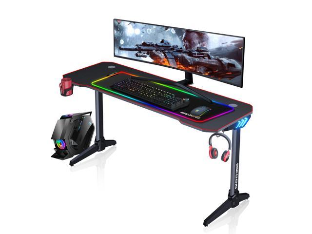 Gaming Computer Desk Table W/ RGB LED Lights Cup Holder&Headphone Hook&Mouse Pad 
