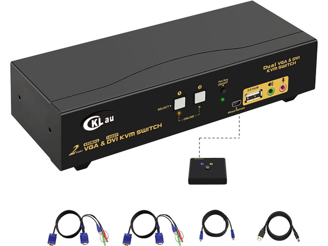 CKLau 2 Port Dual Monitor KVM DVI + VGA Extended Display with Audio ...