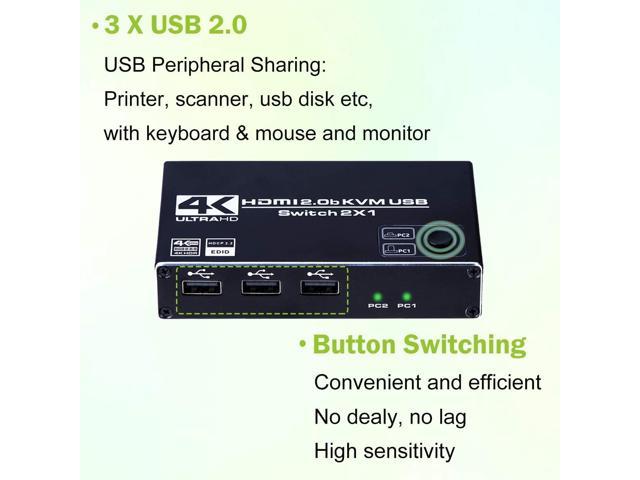 2 Computers Share One Monitor 2x1 HDCP 2.2 3 USB 2.0 Hub Ultra HD 4K@60Hz Support Wireless Keyboard and Mouse HDMI 2.0b KVM USB Switch 2 Port 