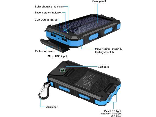 Solar Charger, 20000mAh Portable Outdoor Waterproof Solar Power Bank,  Camping External Backup Battery Pack Dual 5V USB Ports Output, 2 Led Light  Flashlight with Compass (Blue) 