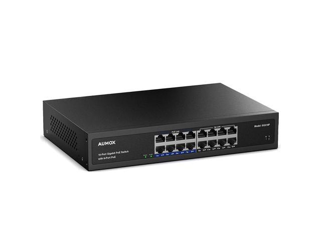 Unmanaged Ethernet Splitter Traffic Optimization SG516P Metal Casing with Fanless Silent Design 8 Port POE 120W Aumox 16-Port Gigabit Network Switch 19-inch Rackmount Plug and Play 
