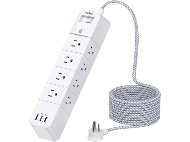 Small Travel Power Strip With 3 USB Ports & 5 ft Angled Flat Plug Extension Cord 