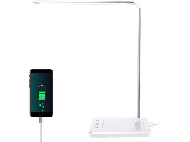 ALUOCYI LED Desk Lamp Home Office 7 Lighting White Desk Lamp with Usb Charging Port Battery Operated Reading Small Lamp for Dorm Study Bedroom Eye-Caring