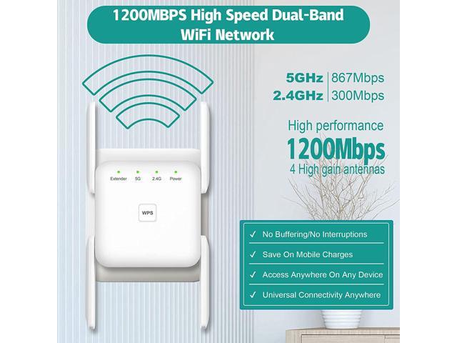 White Dual Band 2.4G and 5G Expander Extend WiFi Signal to Smart Home & Alexa Devices 4 Antennas 360° Full Coverage WiFi Range Extender 1200Mbps Wireless Signal Repeater Booster 