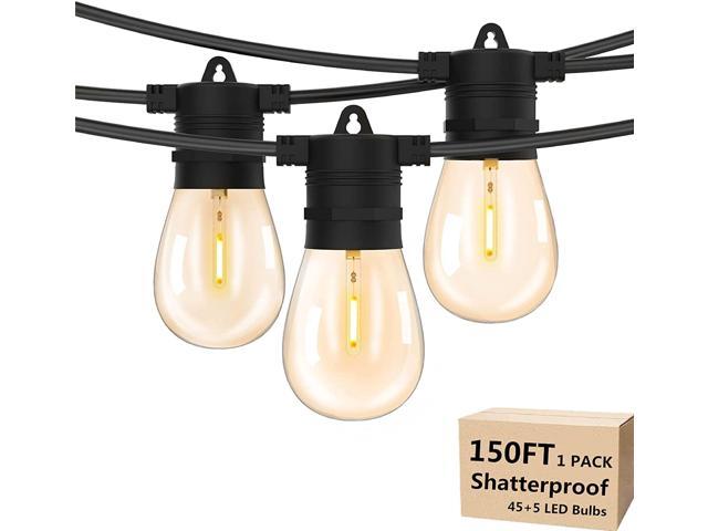 48/96FT LED Outdoor Waterproof Patio Garden String Lights Dimmable Plastic Bulbs 