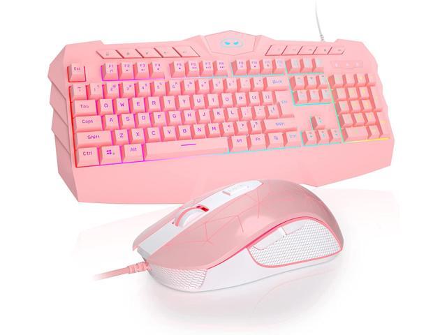 Pink Gaming Keyboard and Mouse Combo, Ergonomic Wired RGB Backlight Gaming Keyboard with Wrist Rest, 3200 DPI LED Gaming Mouse for Computer Windows PC Gamers