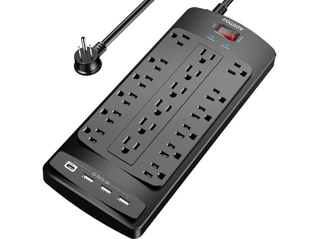 POWLIGHT Surge Protector with 12 AC Outlets and 4 USB Charging Ports,1875W/15A 8 Feet Long Extension Cord for Smartphone Tablets Home,Office Hotel- Black Power Strip 2100 Joules 