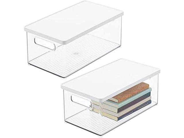 mDesign Plastic Stackable Office Storage Box Container with Handles Erasers Highlighters Clear/Smoke Gray Notepads Pens Tape 6 Pack Lid for Home Office to Hold Gel Pens Pencils Markers 