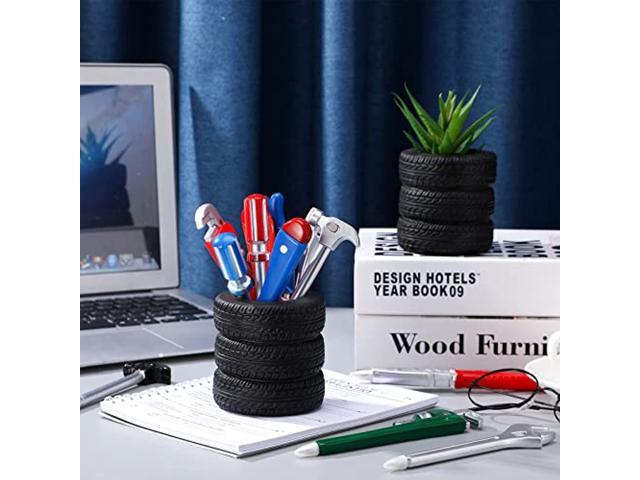 14 Pieces Novelty Tool Ballpoint Pens Set with 2 Pieces Tire Shaped Pen Holder Hardware Ink Pens Writing Ballpoint Pens for Kids School Office Gift St