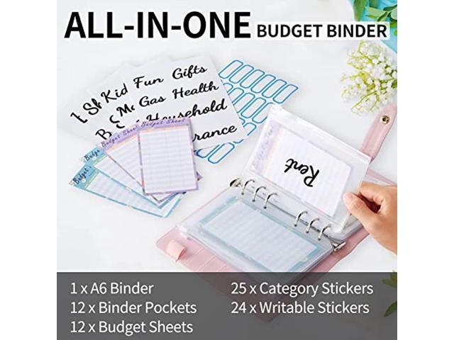 32 Pieces A6 Binder Pockets with Notebook Cover Waterproof 6-Ring Binder Refillable Notebook with 12 Cash Envelopes Budget Sheets and 6 Pieces 27 Categories Black Letters Labels for Planner Flowers 