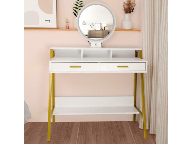 Vanity Table Round LED Light Mirror 2 Drawers Makeup Dressing Desk Bedroom White 