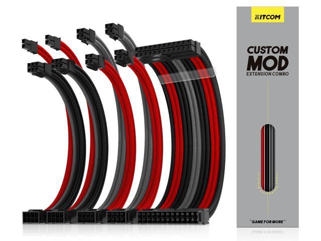 KITCOM PC Build Customization Mod Sleeve Extension ATX Power Supply Braided Cable Wire Kit/Set 18AWG ATX/ Extra-Sleeved 24-PIN / 8-PIN (4+4) Dual EPS/PCI-E (6+2) with Combs, Black/Red/Grey Mixture