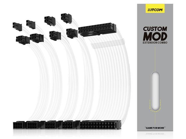 KITCOM PC Build Customization Mod Sleeve Extension ATX Power Supply Braided Cable Wire Kit/Set 18AWG ATX/ Extra-Sleeved 24-PIN/8-PIN (4+4) Dual EPS/PCI-E (6+2) with combs, Crystal White