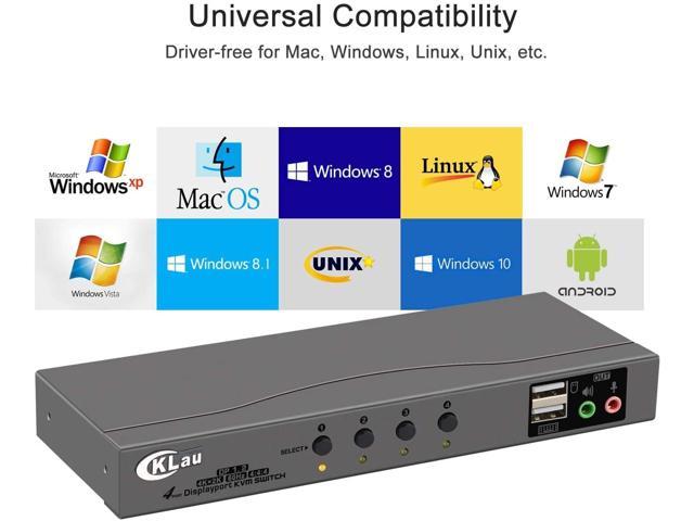 CKLau 4Kx2K@60Hz 4:4:4 DP Displayport KVM Switch 4 Port with Cables Audio  and Microphone