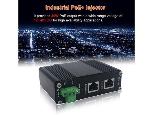 E-link Hardened Industrial Gigabit PoE+ Injector, 12~48V Input PoE+  Adapter, IEEE802.3af/at 30W Output up to 328ft, Din-Rail and Wall-Mount 