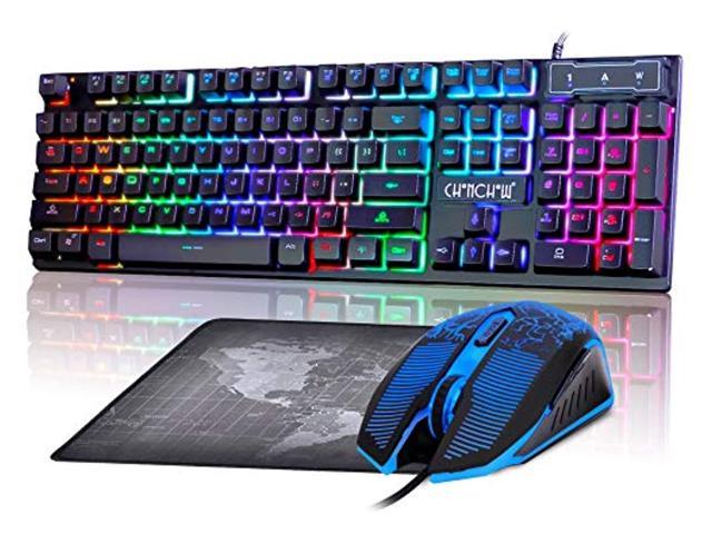 Gaming LED Wired Keyboard and Mouse Combo with Emitting Character 4800DPI 2 Side Button USB Mouse Rainbow Backlit Mechanical Feeling Compatible with PC Raspberry Pi Mac Xbox one ps4 with Mouse (1910B)