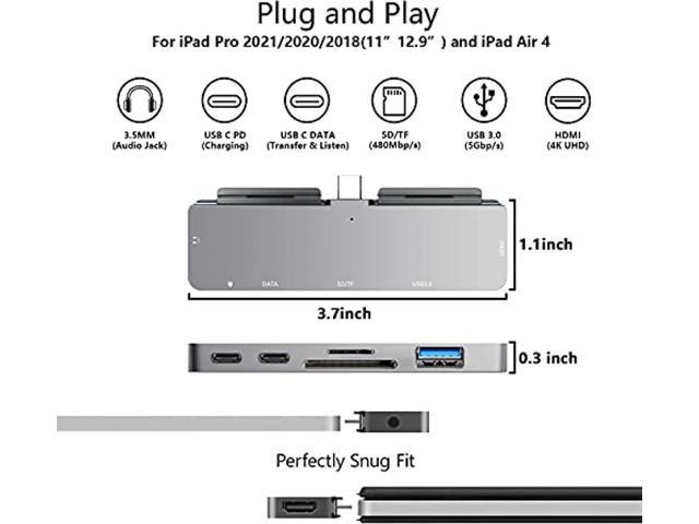 Accessories USB-C PD Charging iPad Pro USB C Hub 3.5mm Headphone Jack USB 3.0 7-in-1 Adapter for iPad Pro 2021 2020 2018 12.9 11 inch iPad Air 4 Docking Station with 4K HDMI SD/TF Card Reader