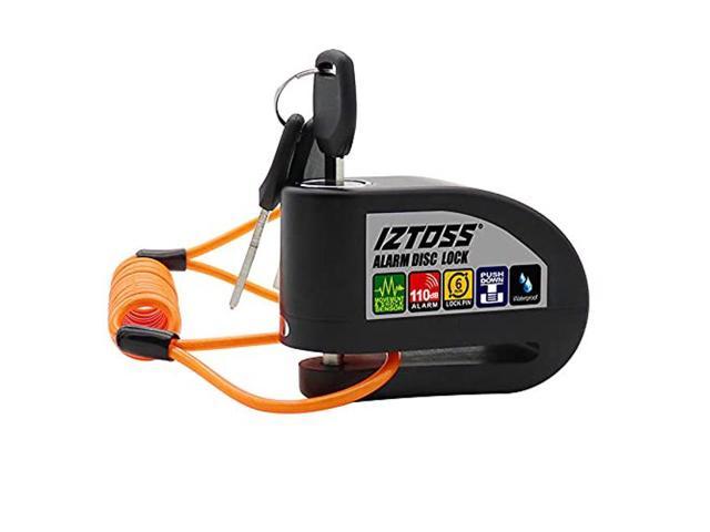 IZTOSS Alarm Disc Lock 110 dB Waterproof Anti-Theft Perfect Guard Shock Sensor with Reminder Cable and Carrying Bag for Motorcycles Bikes Scooters Black 