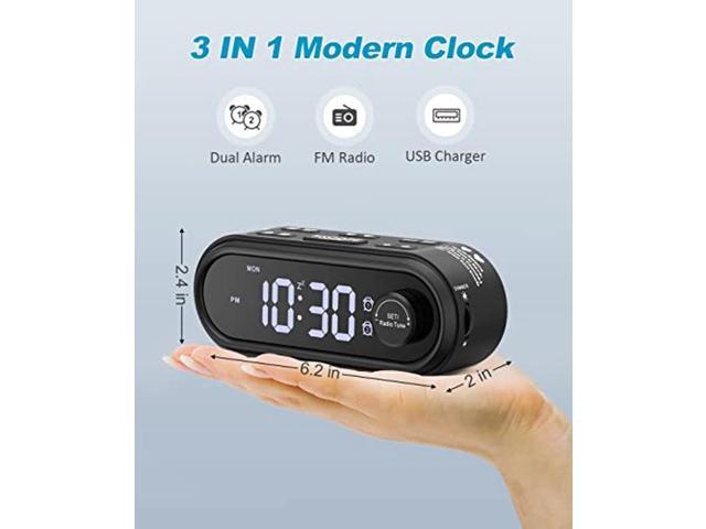 7 Days AC Powered 6 Wake Up Sounds Weekend USB Charger FM Radio with 2 Favorite Station Shortcuts REACHER Dual Alarm Clock Radio for Bedroom Weekday 0-100% Dimmer Sleep Timer 
