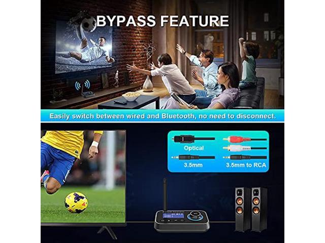 Ainostone Bluetooth 5.0 Transmitter Receiver Optical AUX RCA Bypass for Home Theater Speaker Projector 3-in-1 Audio Adapter for 2 Headphones with LCD Display Low Latency Long Range Volume Adjustable 