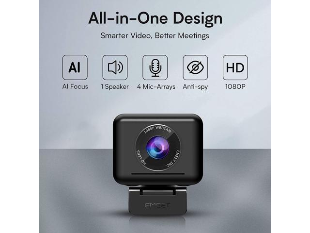 All-in-One 1 Speaker& 4 Mics Enhanced Computer Camera Conference Room Camera System with Tripod & Privacy Cover Adjustable View Web Camera w/Software AI Tracking& Zooming eMeet Jupiter 1080P Webcam