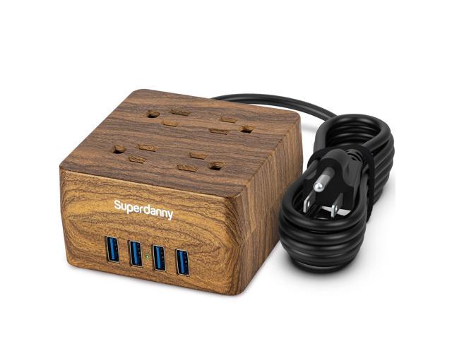 SUPERDANNY USB Power Strip Surge Protector Desktop Extension Cord with 4 Widely Spaced Outlets & 4 Smart USB Ports, Portable Charging Station for Home, Office, Hotel, Dorm, RV, Faux Walnut Grain