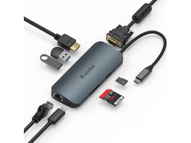Wavlink USB C Hub, PD 8-in-1 USB C Adapter, with 60W Laptop Power Delivery, 4K 30Hz HDMI Port, 2K 60Hz VGA Port, 2 USB A Ports, Gigabit Ethernet Port, microSD and SD Card Reader, for MacBook Pro, etc.