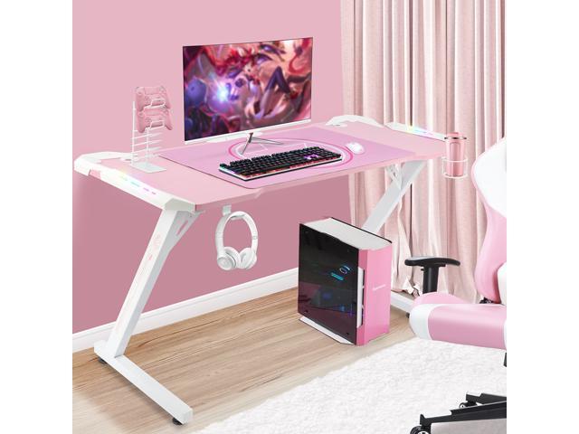 Gaming Computer Desk Table W/ RGB LED Lights Cup Holder&Headphone Hook&Mouse Pad 