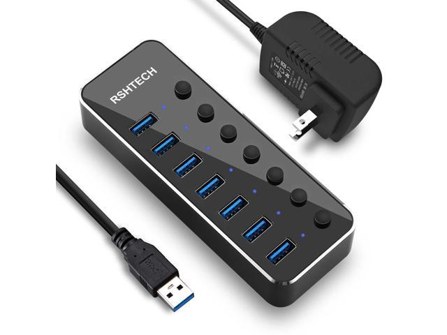 RSHTECH USB 3.0 Hub Powered 7 Port USB Data Hub Extender Aluminum USB Splitter with Individual On/Off Switches and Universal 5V AC Adapter, 3.3ft USB 3.0 Cable (RSH-518)