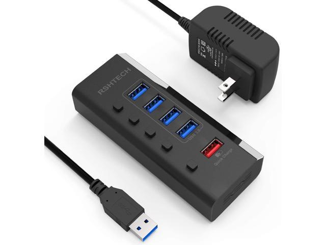 Powered USB Hub, RSHTECH USB 3 Hub with 4 USB 3.0 Data Ports + 1 USB Fast Charging Port, USB Splitter with 24W(12V/2A) Power Adapter and Individual On/Off Switches(A35-Black)