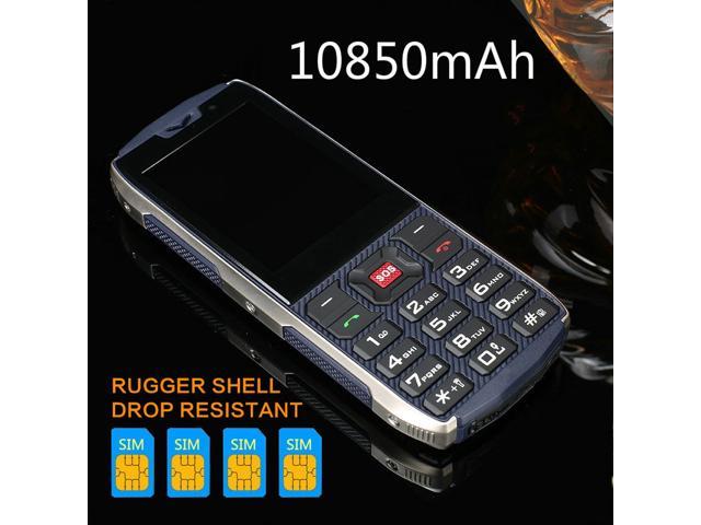 Mobile Phone Military Rugged 4 Sim Card High quality Mobile Phone Shockproof Dustproof 10850mAh Power Bank Cell Phone 3D Stereo Speaker Wireless FM 16:9 HD Screen Outdoor Activities Phone BLACK