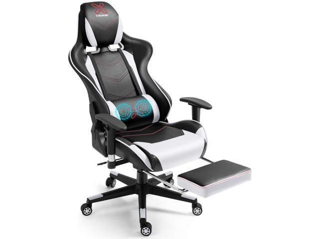 Blue Massage Lumbar Support and Headrest Pillow Gaming Chair Computer Chair Video Game Office Chair Ergonomic PC Chair Swivel High-Back Racing Style PU Leather with Footrest