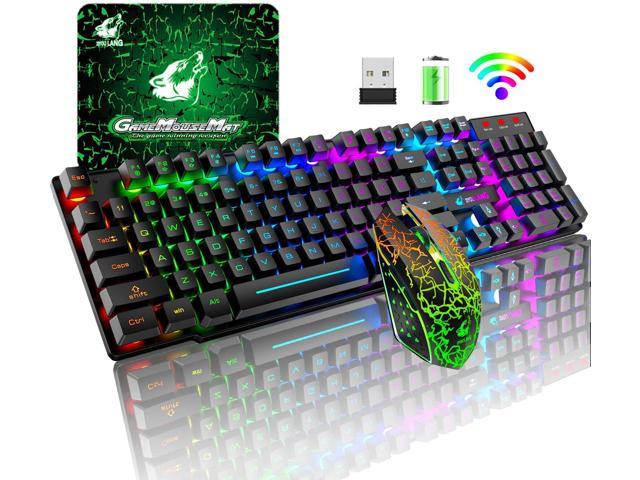 Black Wireless Gaming Keyboard and Mouse Combo,Rainbow Backlit Rechargeable 3800mAh Battery,87 Keys Mechanical Feel Ergonomic Waterproof Keyboard,RGB Gaming Mute Mouse and Mousepad for PC Gamers 