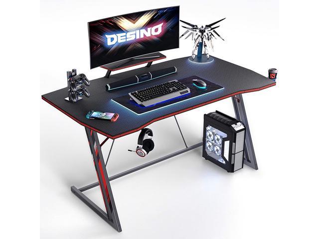 Gaming Desk 47 inch PC Computer Desk, Home Office Desk Gaming Table Z Shaped Gamer Workstation with Cup Holder and Headphone Hook, Black