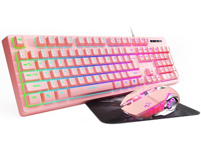 Gaming Keyboard and Mouse Combo Pink,Gaming Keyboard LED Colorful Lights Backlit Wired Pink Keyboard Kawaii and Cute Keyboard Adjustable Light up Keyboards for Mac/PC/Laptop/Win7/Win8/Win10