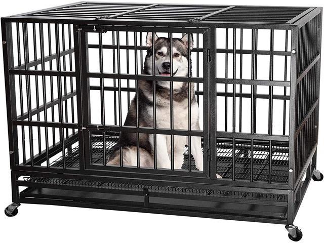 ITORI Heavy Duty Metal Dog Cage Kennel Crate and Playpen for Training Large Dog Indoor Outdoor with Double Doors & Locks Design Included Lockable Wheels Removable Tray（42in 48in） 