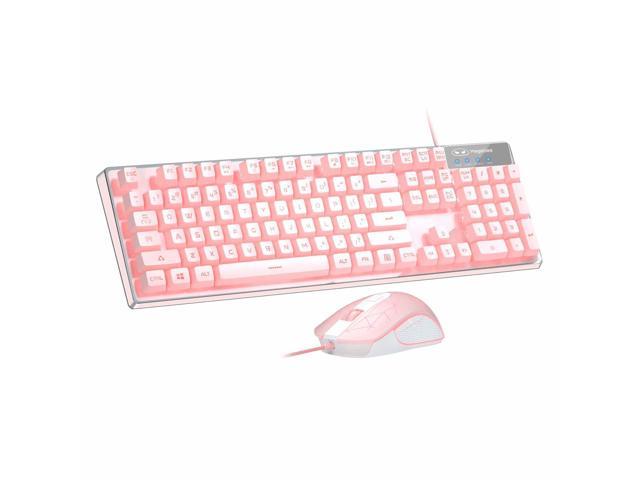 Gaming Keyboard and Mouse Combo, Rainbow LED Backlit Keyboard with Transparent Cover, 104 Keys Computer Gaming Keyboard and 7 Colors LED Gaming Mouse for PC/Laptop(White)