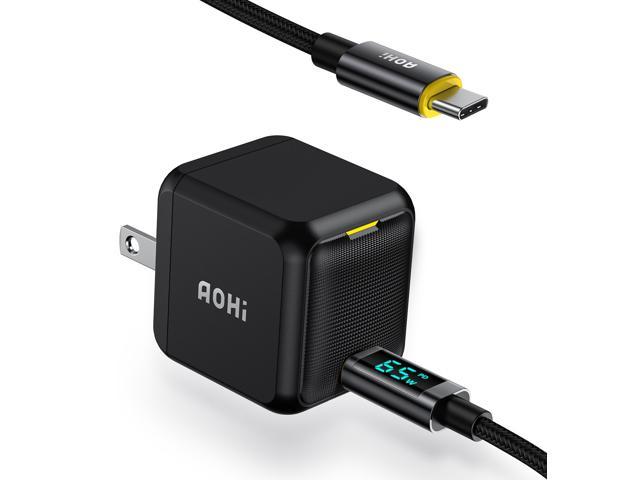 AOHI 65W PD USB C Charger GaN+,Magcube Mini Fast Wall Charger Power Adapter with 4ft USB C to USB C LED Display Cable for Notebook MacBook Pro/Air, Galaxy S20/S10, Note 20/10+, iPhone 13/12/Pro