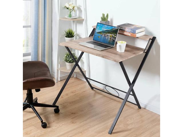 Coleshome Small Computer Desks 39 inch Study Writing Table for Home Office, Modern Simple Style PC Gaming Desks, Black and Rustic Brown, Natural, Size