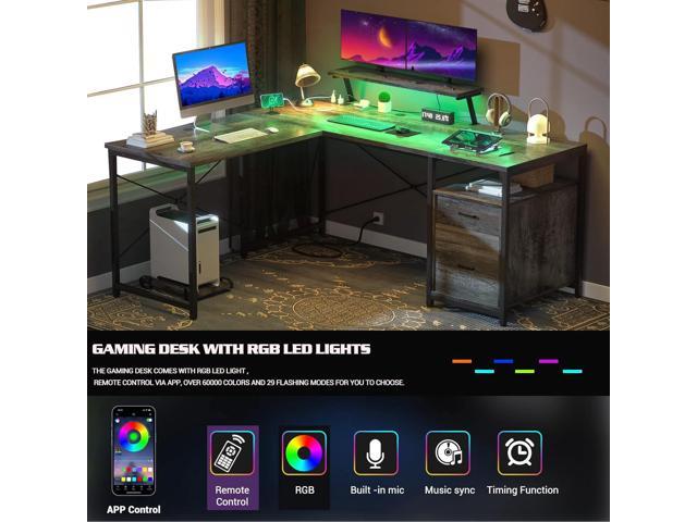 Unikito L Shaped Desk with LED Light and Power Outlet, Reversible