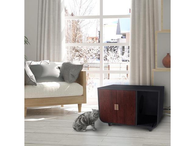 Staart Dyad Cat Litter Box Enclosure and Furniture Hidden Cat Home Side Table Nightstand Indoor Pet Crate Mocha Walnut Large